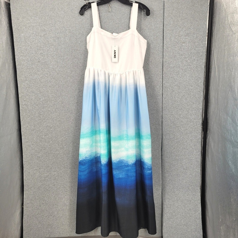 DKNY Sleeveless Printed Satin Maxi Dress Seafoam Ombre Womens Size M